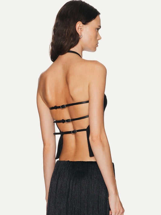 MIMCHIK Triple Belt Halter Top in Black