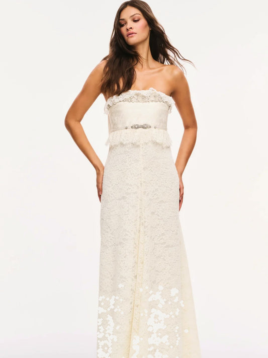 LOVE SHACK FANCY Jasmine Strapless Lace Maxi Dress in Alabaster Glow