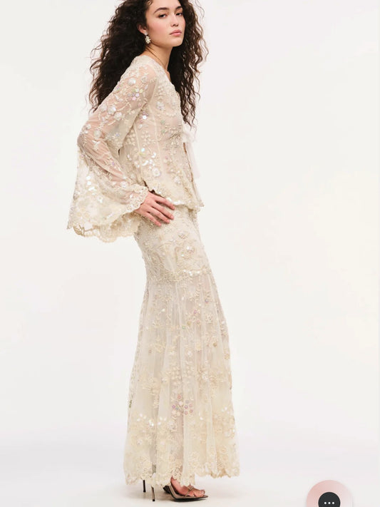 LOVE SHACK FANCY Ryana Pearl Embroidered Mesh Maxi Skirt