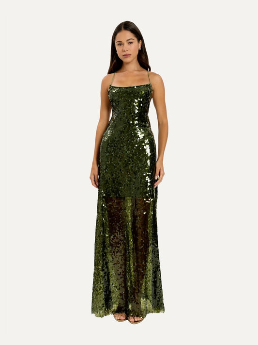 WITH HARPER LU Backless Sequin Gown in Forest Green