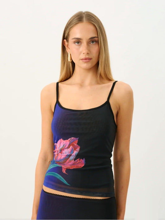 WITH HARPER LU Mesh Camisole in Cobalt Floral