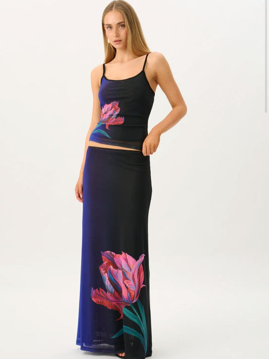 WITH HARPER LU Mesh Maxi Skirt in Cobalt Floral