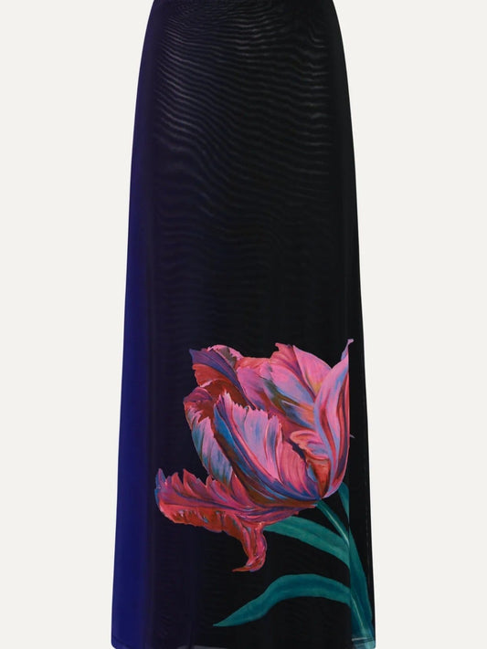 WITH HARPER LU Mesh Maxi Skirt in Cobalt Floral