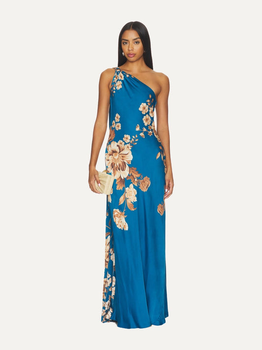 HEMANT & NANDITA Ashi One Shoulder Sash Dress in Teal