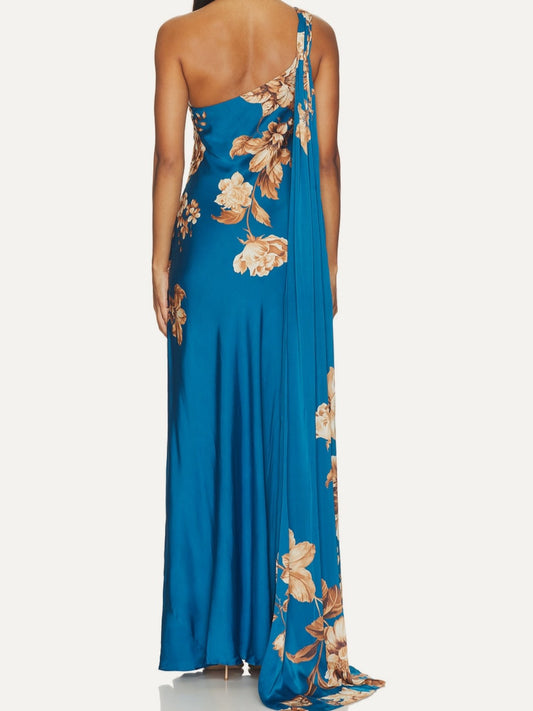 HEMANT & NANDITA Ashi One Shoulder Sash Dress in Teal