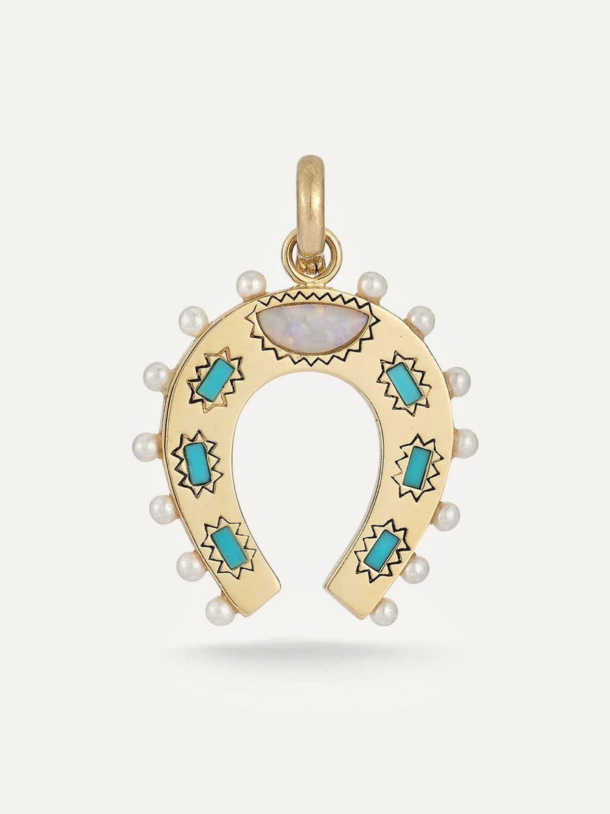 14k Gold, Turquoise, Opal & Pearl Holly Horseshoe Charm