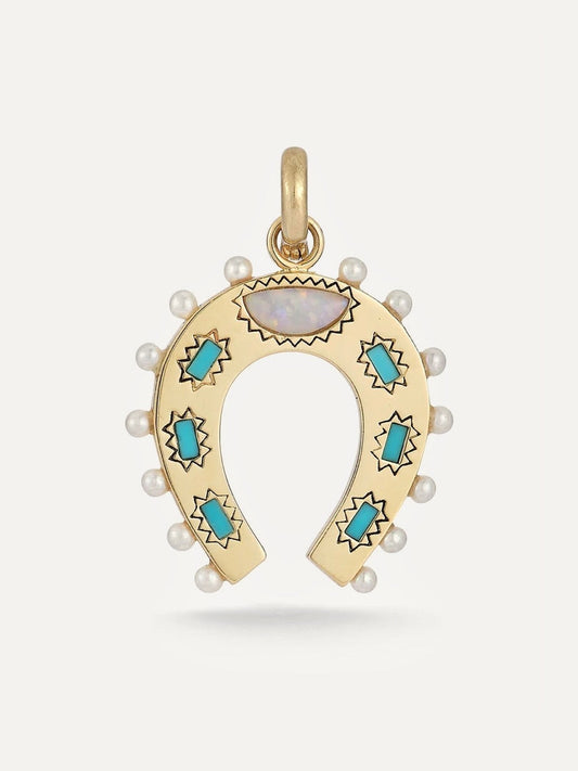 14k Gold, Turquoise, Opal & Pearl Holly Horseshoe Charm