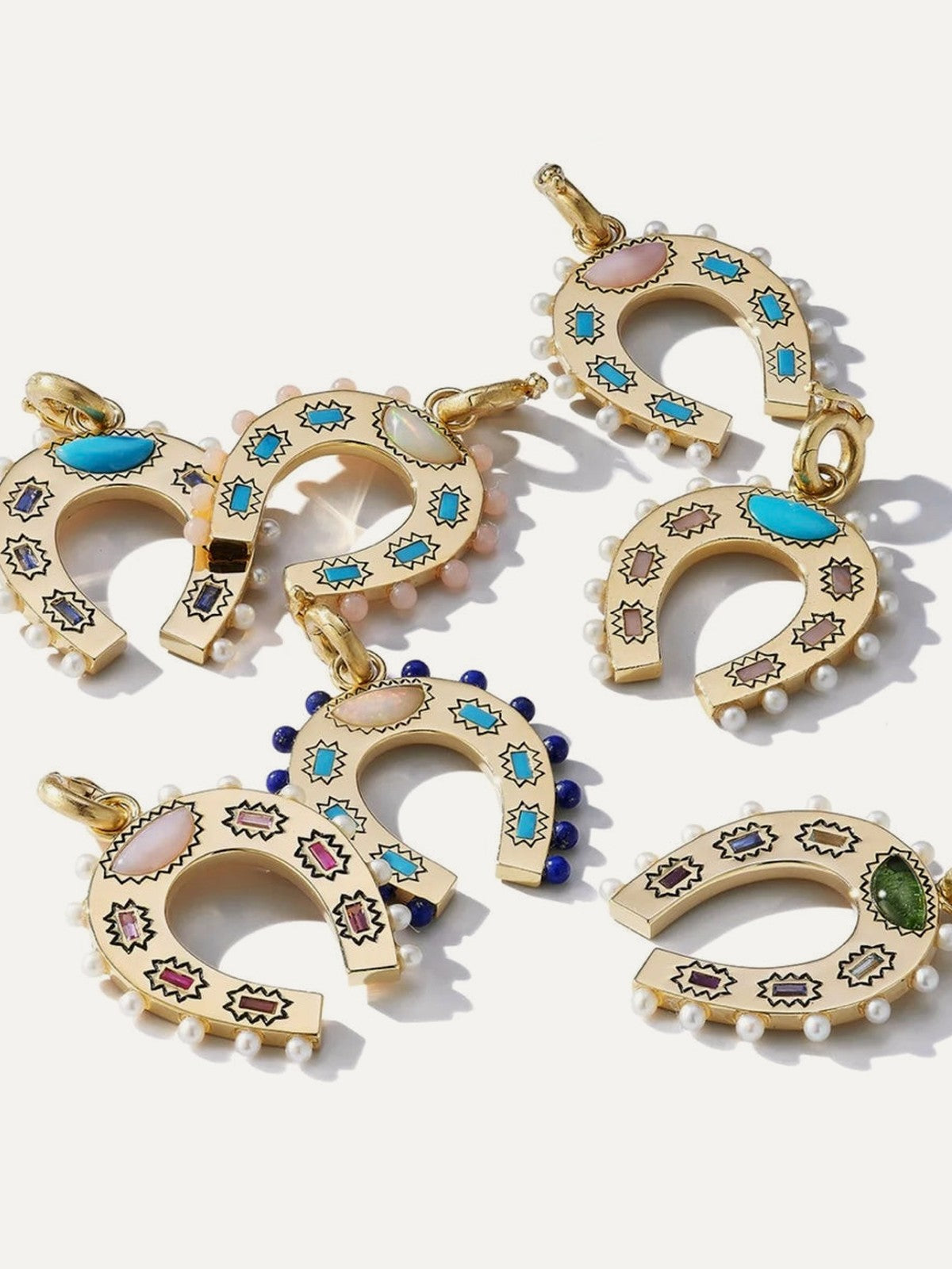 14k Gold, Turquoise, Opal & Pearl Holly Horseshoe Charm