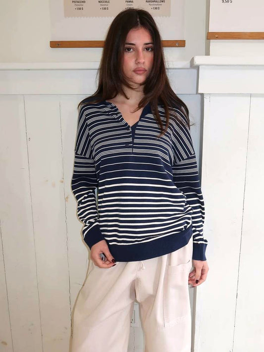 FAITHFULL THE BRAND Harlow Oversized Polo in Scandi Stripe Navy Cream