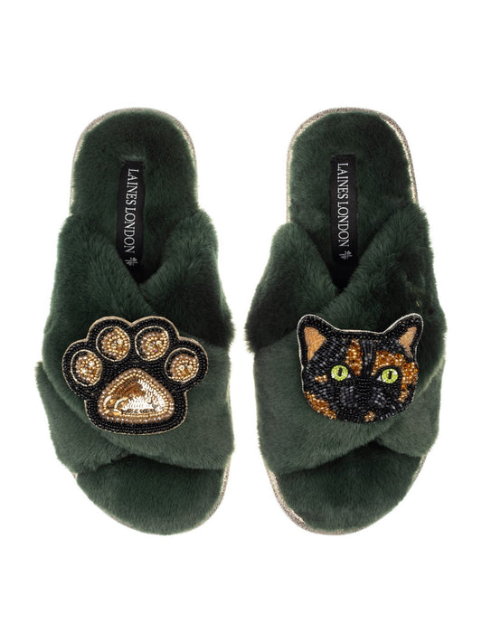 LAINES LONDON Misty Cat & Paw Slippers in Green