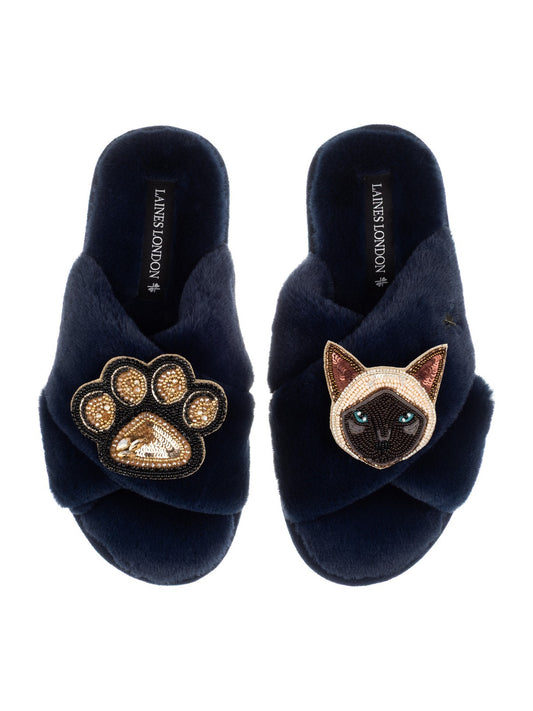 LAINES LONDON Paw & Siamese Cat Slippers in Navy