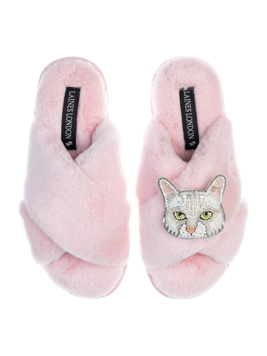 LAINES LONDON White Lily Cat Slippers in Pink