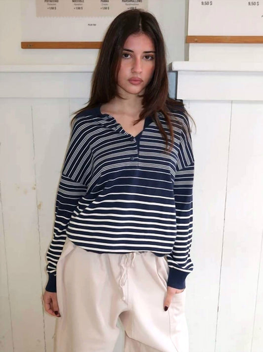 FAITHFULL THE BRAND Harlow Oversized Polo in Scandi Stripe Navy Cream