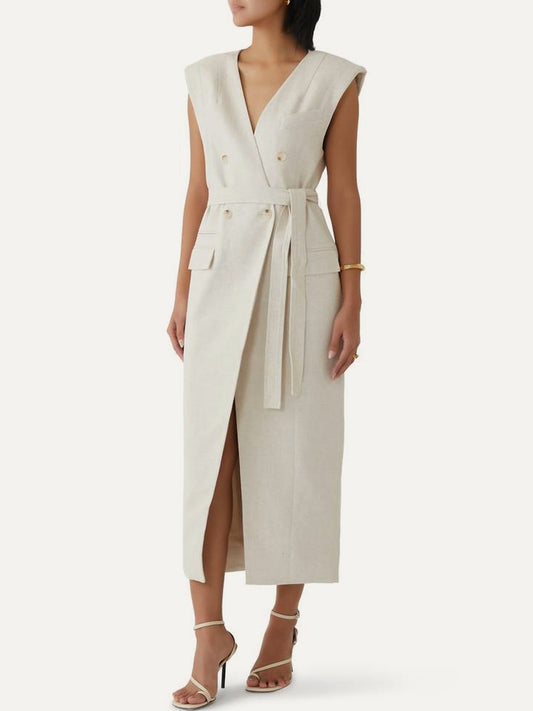 SHONA JOY Newman Sleeveless BlazerMidi Dress in Parchment
