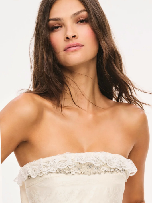 LOVE SHACK FANCY Jasmine Strapless Lace Maxi Dress in Alabaster Glow