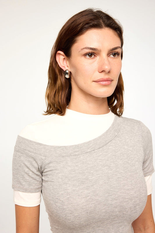 THE LINE BY K Reef Ribbed Top in Heather Grey &amp; White