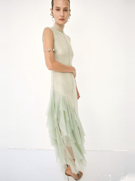 DE LA VALI Morwen Midi Dress in Stone Beige & Sage