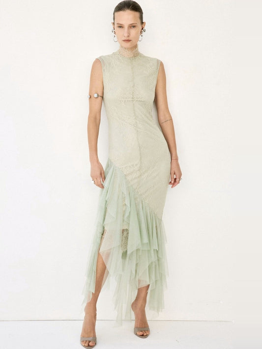 DE LA VALI Morwen Midi Dress in Stone Beige & Sage