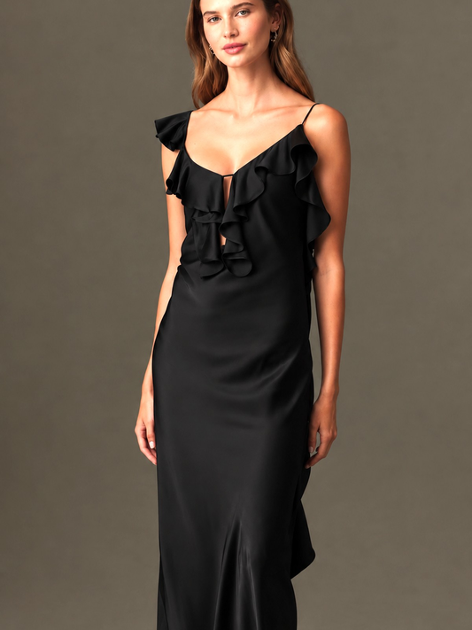 SHONA JOY Ruffle Maxi Slip Dress in Black