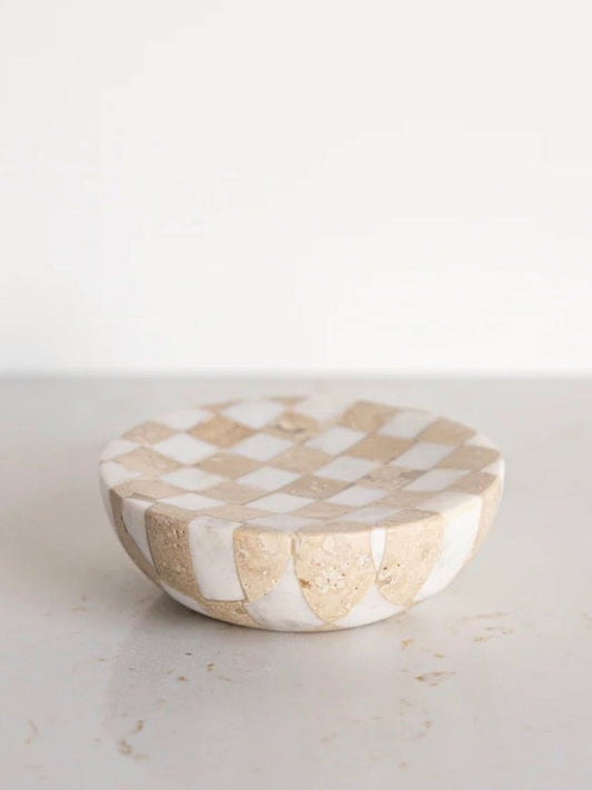 LARK Checkered Travertine & Marble Soap/Trinket Dish