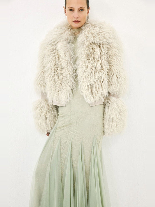 DE LA VALI Vespera Mongolian Fur Jacket in Cream